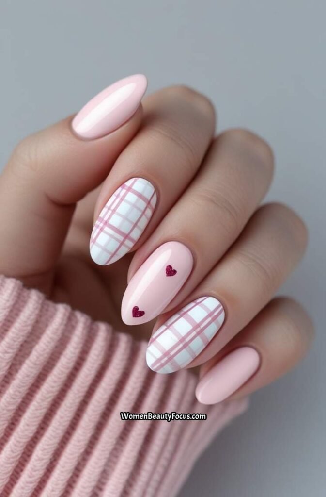 4. Pink Plaid Nails with Tiny Hearts