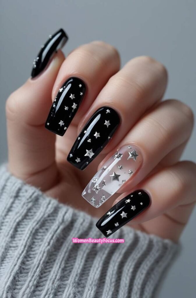 5. Black and Clear Jelly Nails with Star Accents