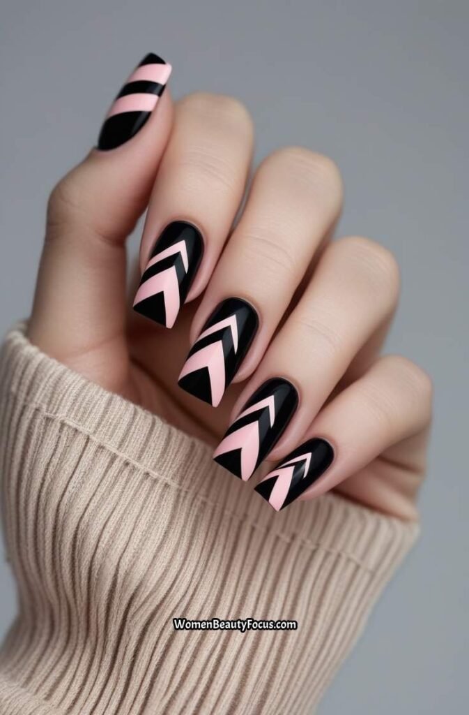 5. Black and Pink Chevron Nails