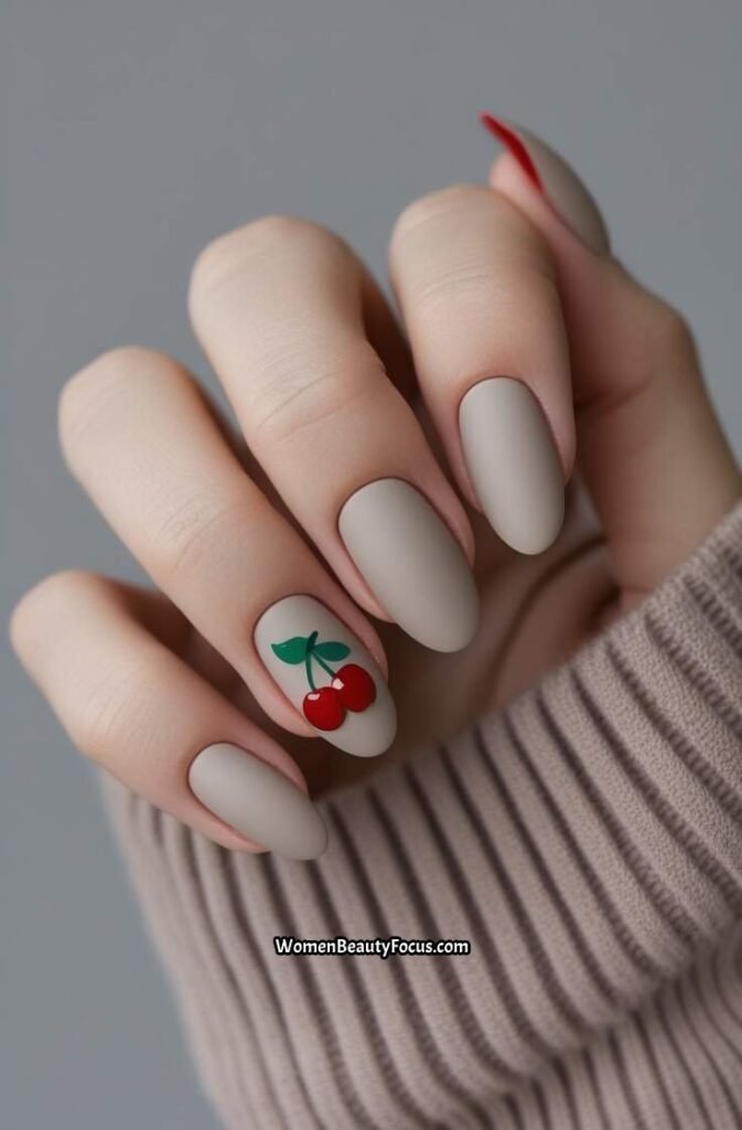 5. Cherry Accent Nail on Matte Base