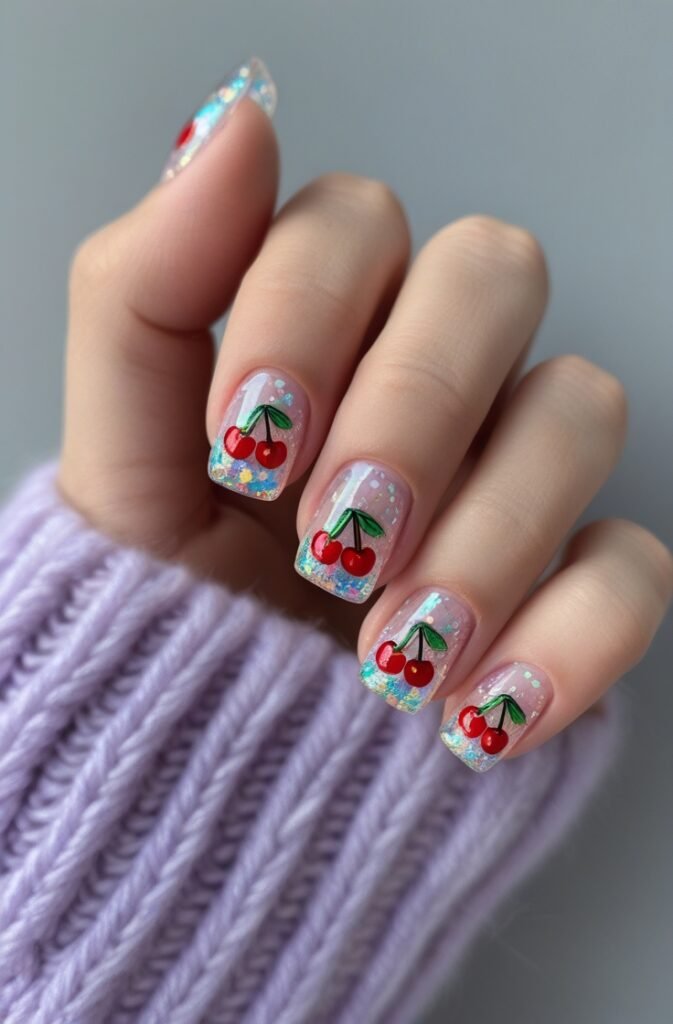 5. Glitter Cherry Nails on Clear Base