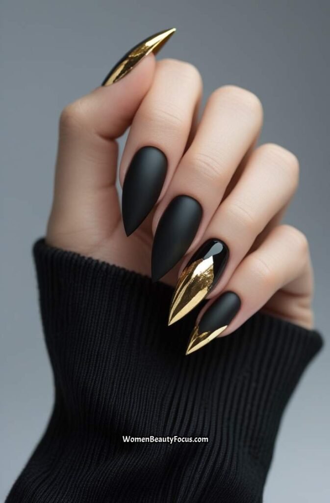 5. Matte Black and Gold Accent Nails