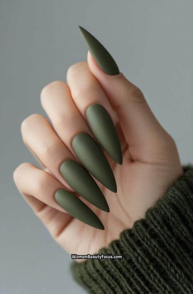 5. Matte Olive Green Stiletto Nails