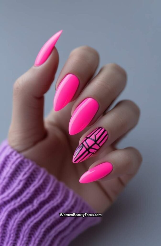 5. Neon Pink Nails with Minimalist Art