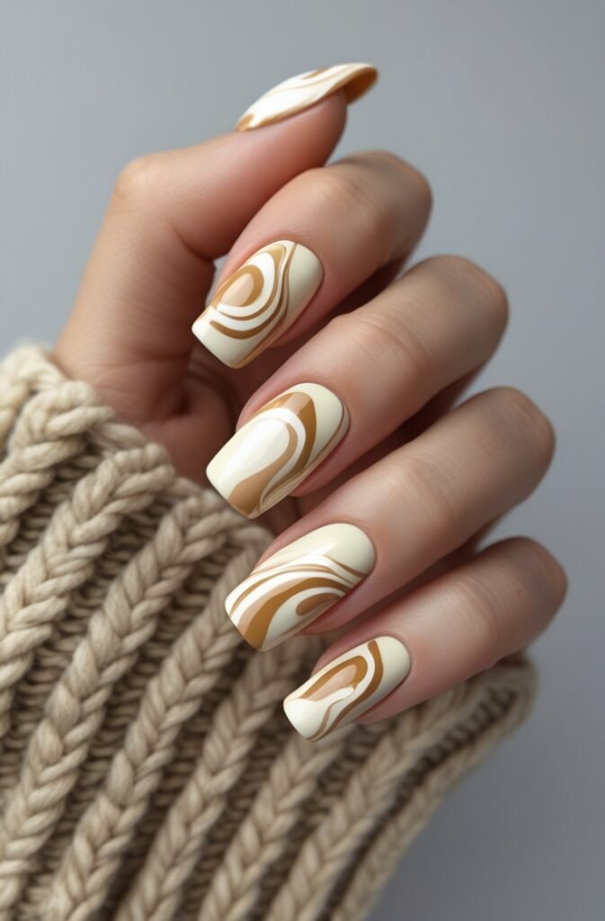 5. Neutral Swirl Nails in Cream and Tan