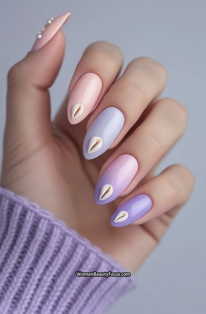 5. Pastel Gradient Nails with Seashell Embellishments