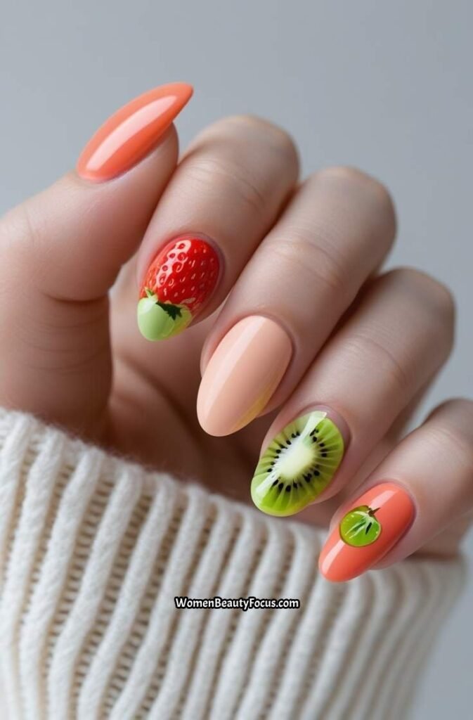 5. Playful Fruit Themed Accent Nails