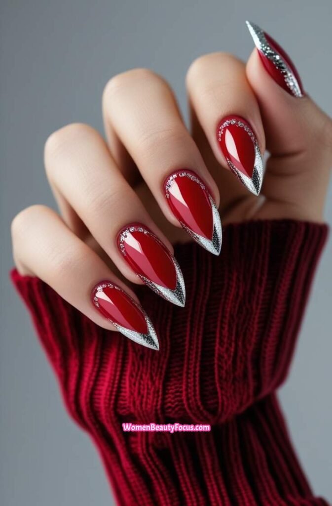5. Red Cat Eye Nails with Silver Foil