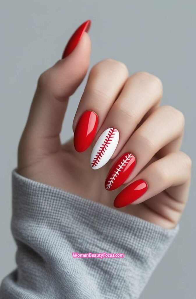 5. Red and White Baseball Color Block Nails