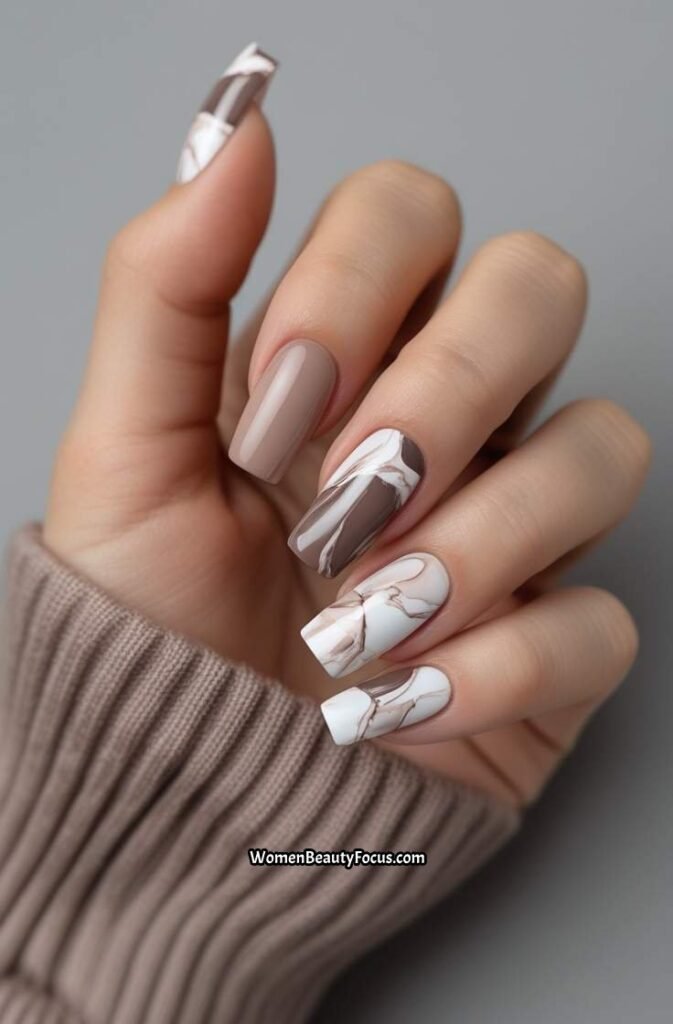 5. Taupe and White Marble Nails with Square Tips