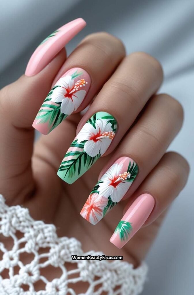 5. Tropical Floral Coffin Nails with Pastel Base