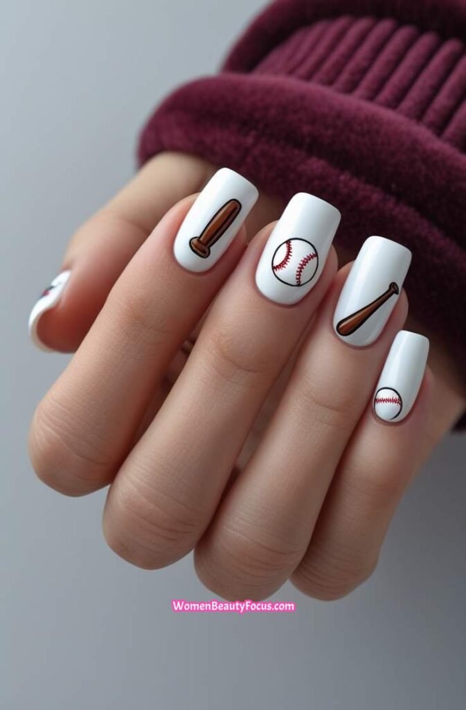 6. Baseball and Bat Accent Nails