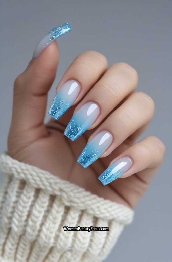 6. Blue French Fade with Glitter Tip