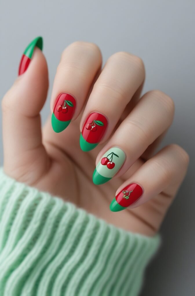 6. Cherry Nails with Green Tips