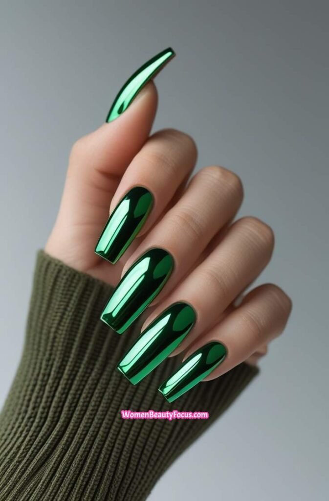 6. Chrome Green Coffin Nails