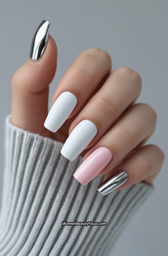 6. Classic French Tips with a Metallic Twist