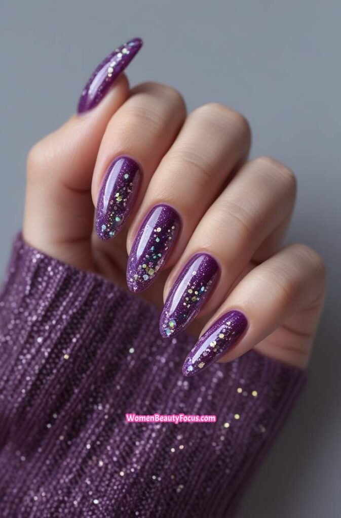 6. Glittery Plum Nails with Accent Sparkles