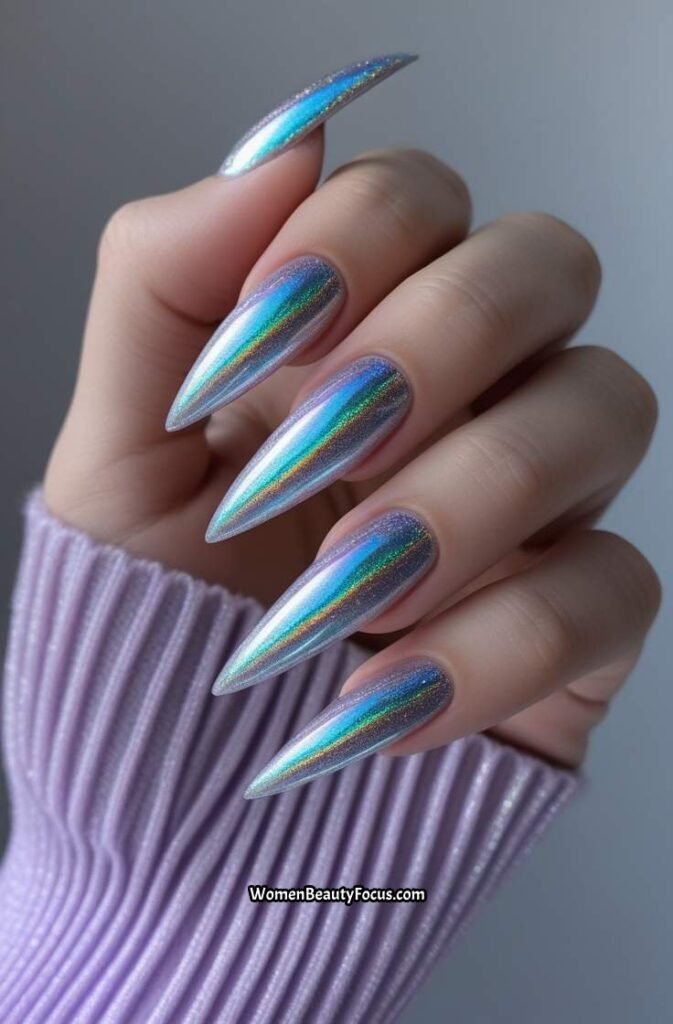 6. Holographic Silver Stiletto Nails