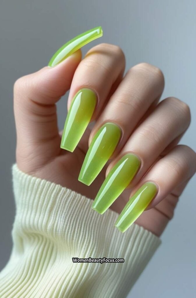 6. Lime Green Coffin Nails with Jelly Finish