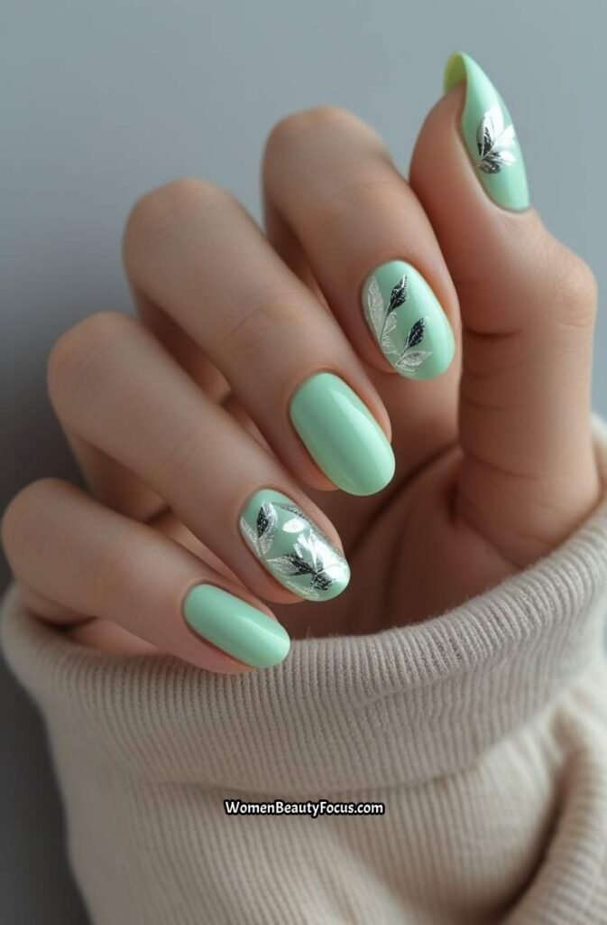 6. Mint Green Nails with Silver Leaf Accents