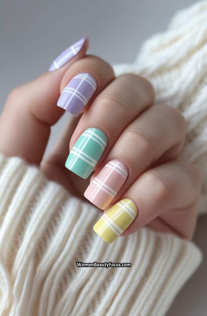 6. Pastel Rainbow Plaid Nails
