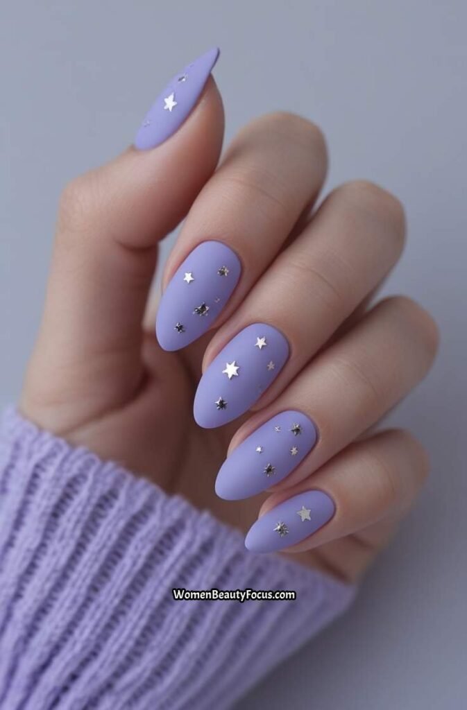 6. Periwinkle Matte Nails with Tiny Silver Stars