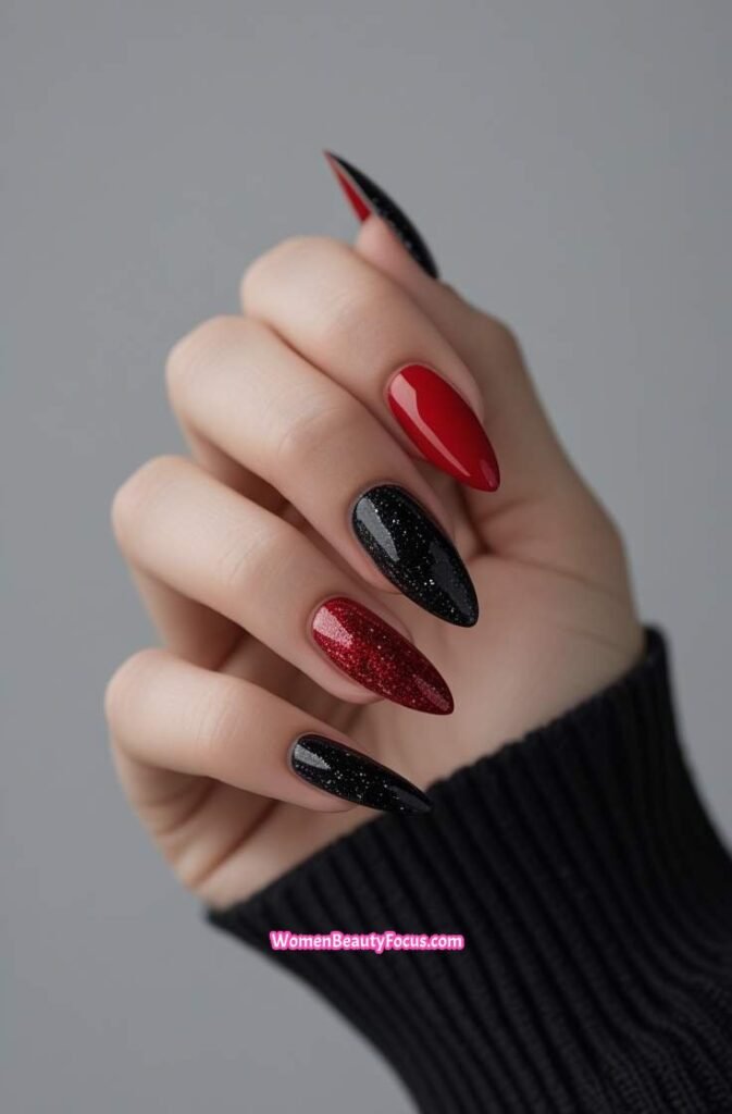 6. Red and Black Stiletto Nails with Glitter Tips 6 IMGCentury
