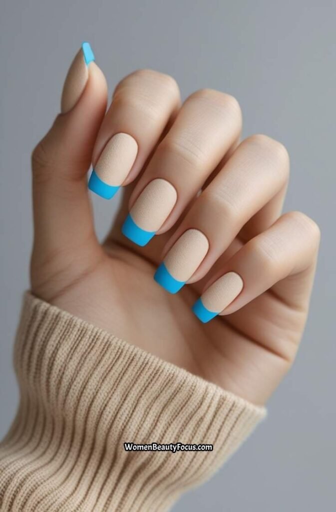 6. Sandy Beige Nails with Ocean Blue Tips