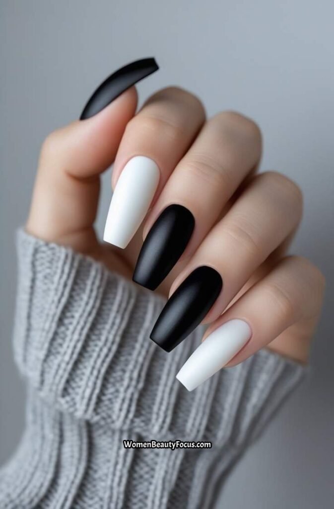 6. Soft Black and White Gradient Nails