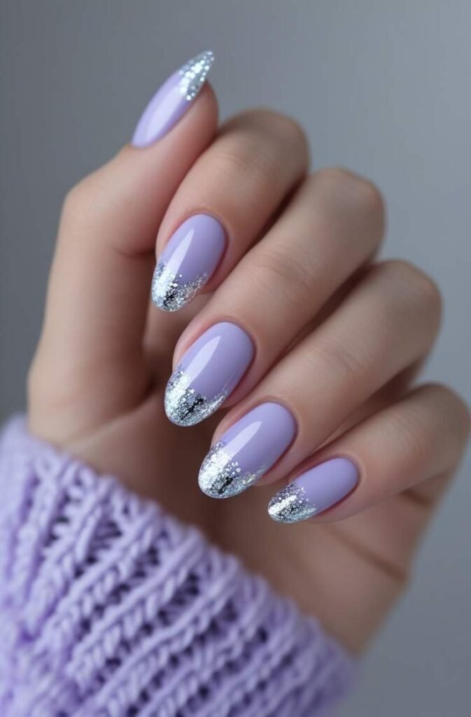 6. Soft Lavender and Silver Glitter Nails
