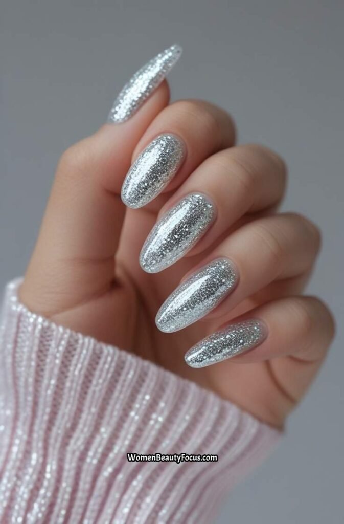6. Sparkling Silver Glitter Nails