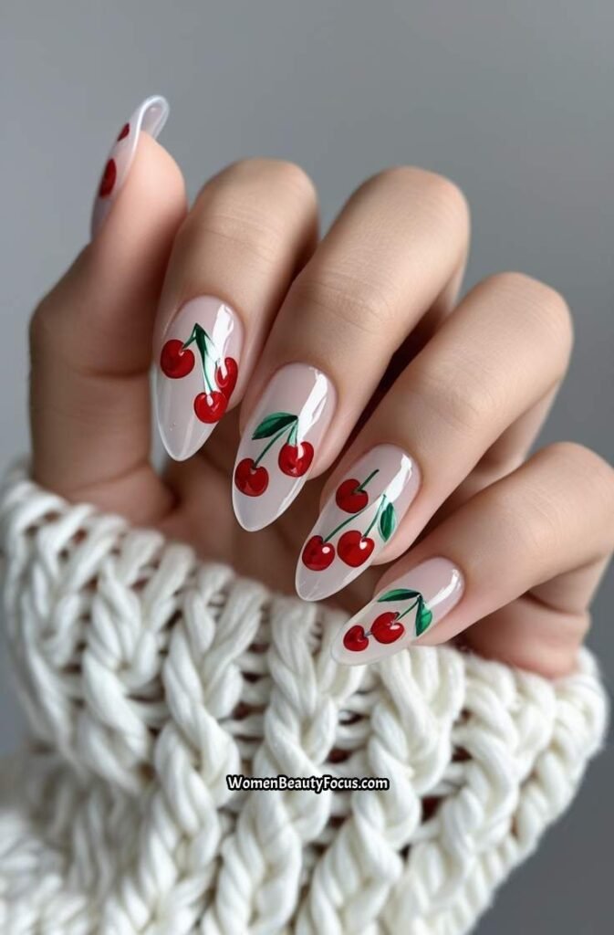 6. Transparent Cherry Print Nails