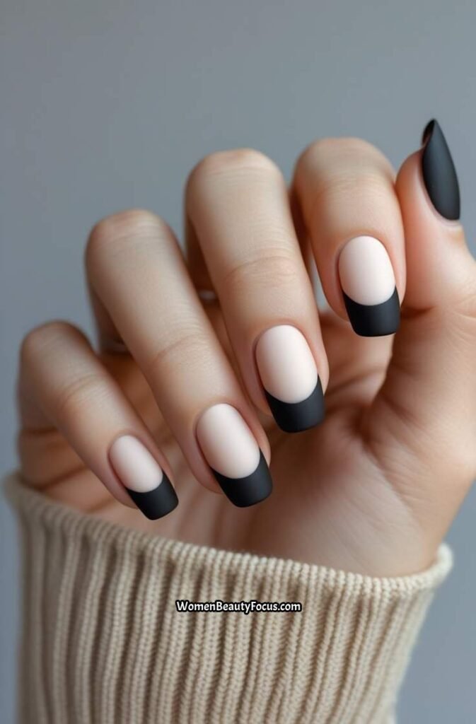 7. Black French Tips with Matte Base