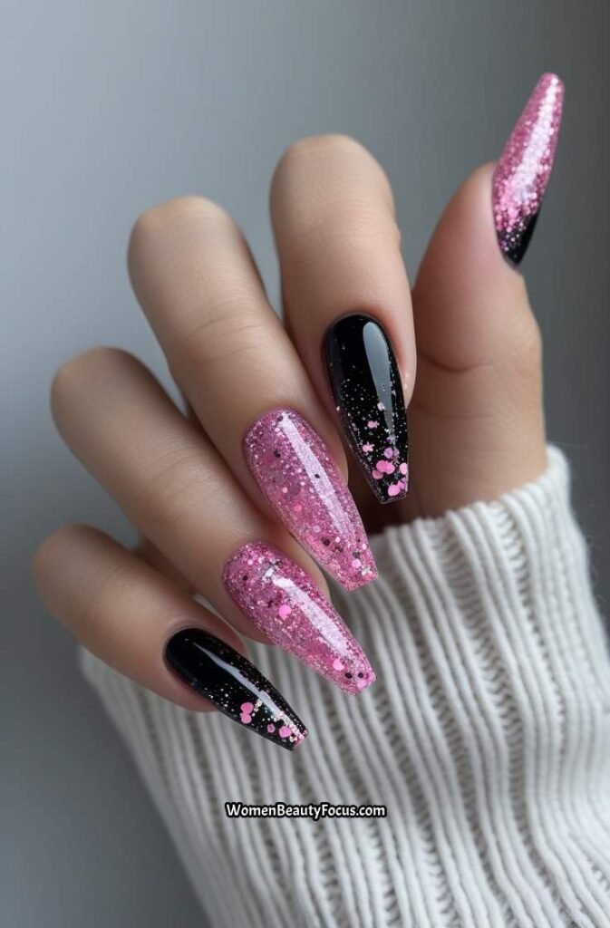 7. Black and Pink Glitter Nails