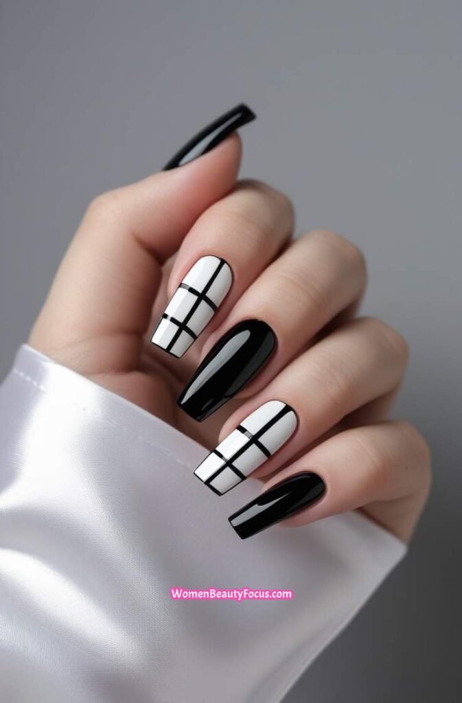 7. Black and White Geometric Square Nails