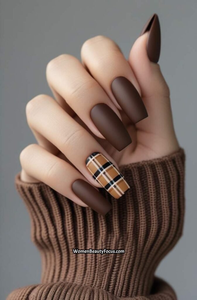 7. Brown Plaid Nails with Matte Finish