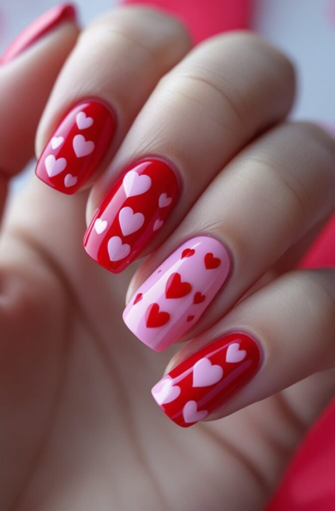 7. Cherry Red and Pink Heart Nails