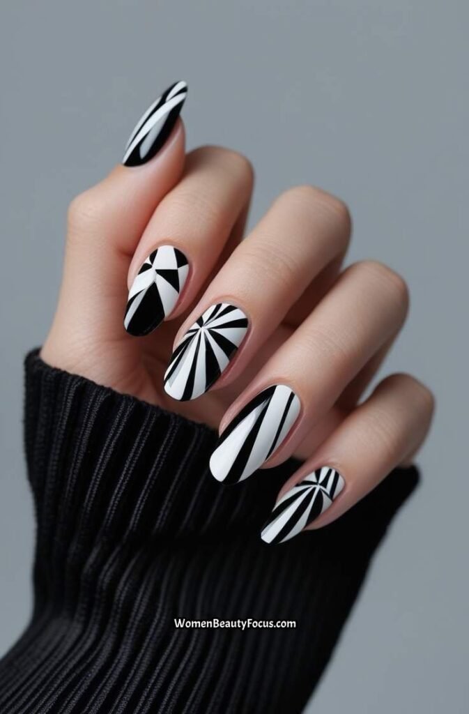 7. Geometric Black and White Nails