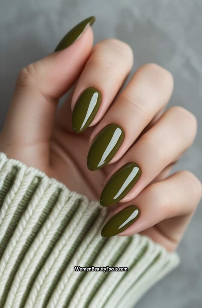 7. Glossy Olive Green Nails