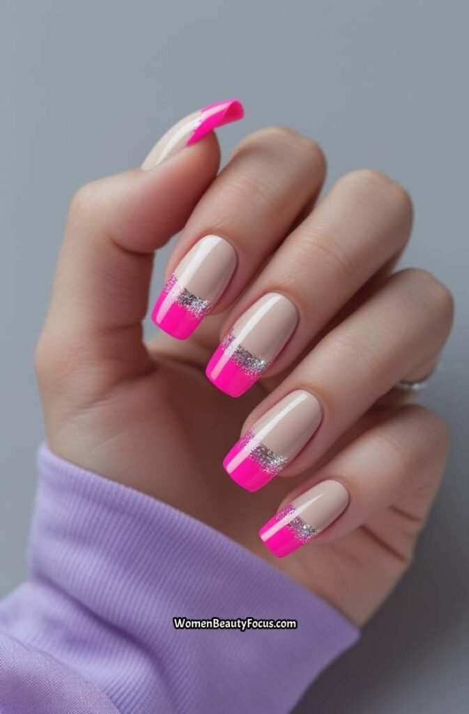 7. Hot Pink French Tips with Glitter