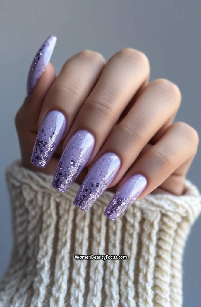 7. Icy Lavender Glitter Nails with Coffin Shape