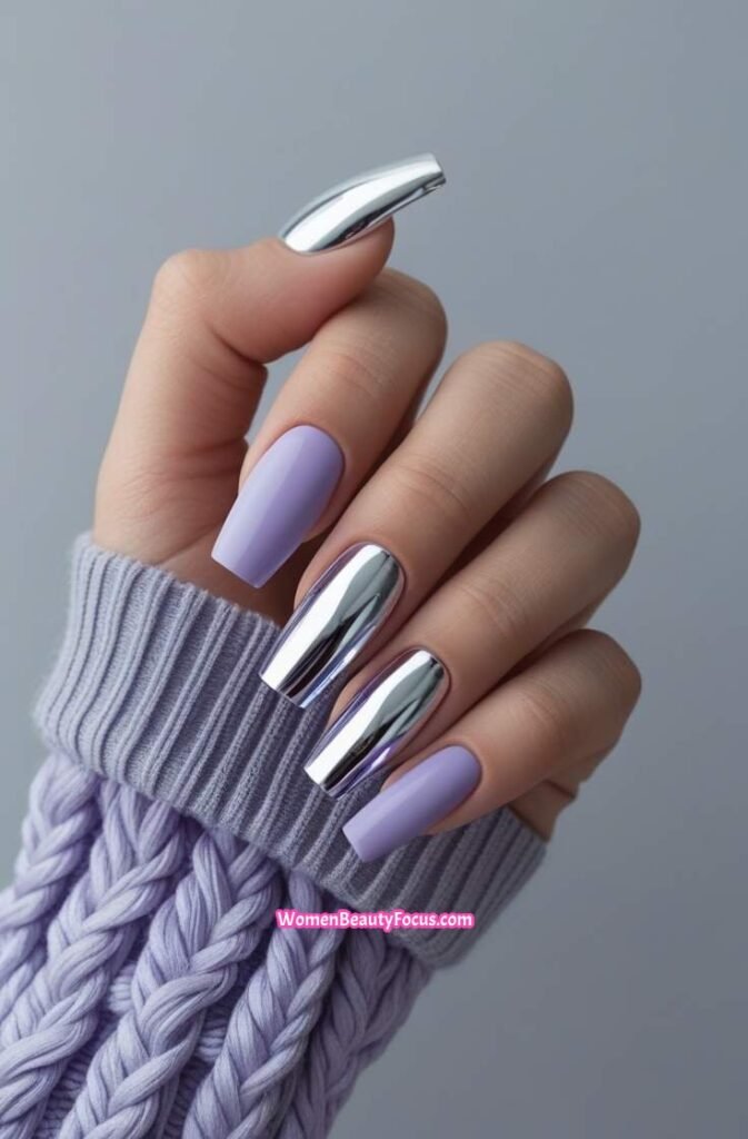 7. Lilac and Silver Chrome Duo Nails