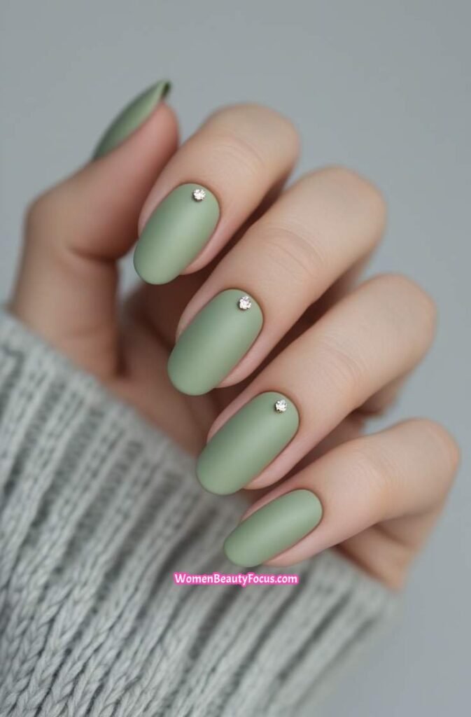 7. Matte Pistachio Nails with Tiny Gems