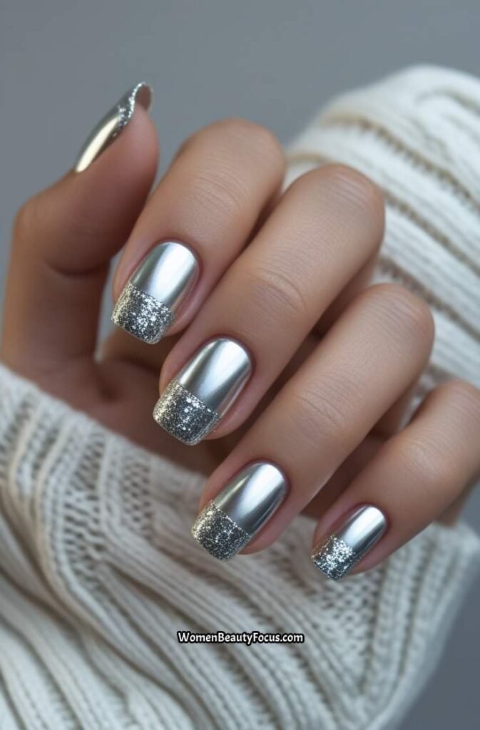 7. Metallic Silver Nails with Glitter Accents