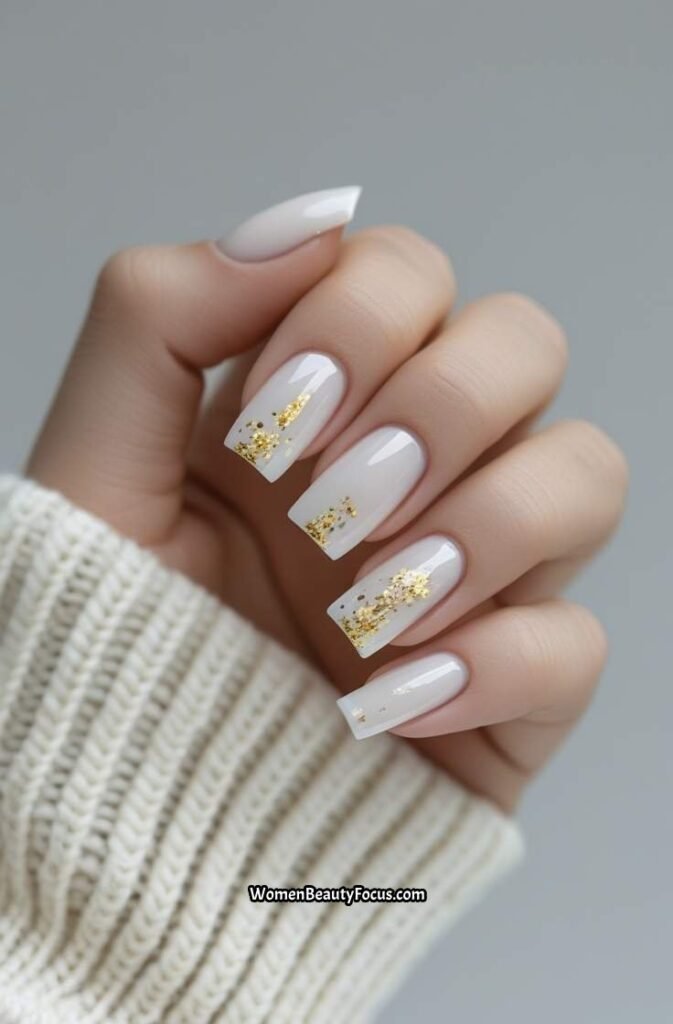 7. Milky White Square Nails with Gold Flakes
