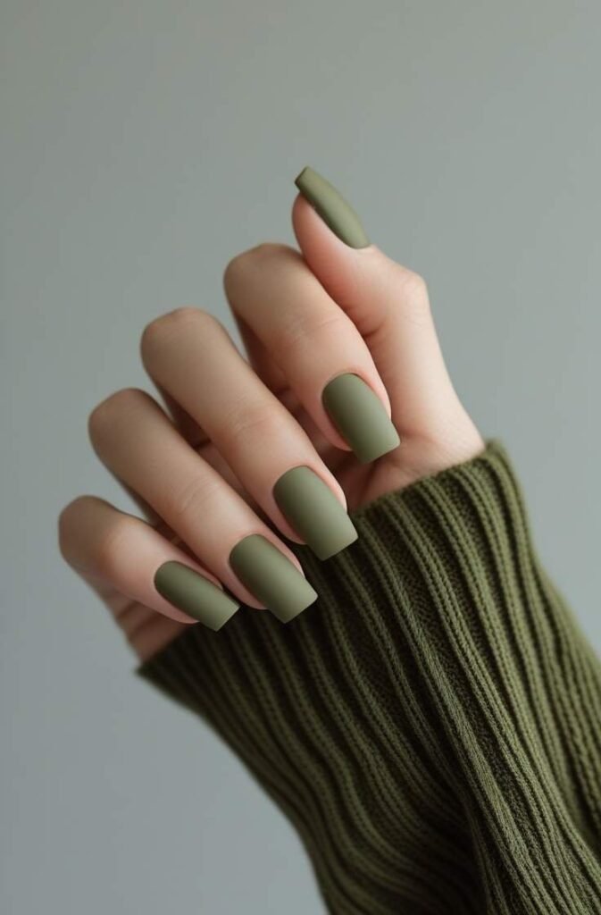 7. Muted Olive Green Short Nails with Matte Finish