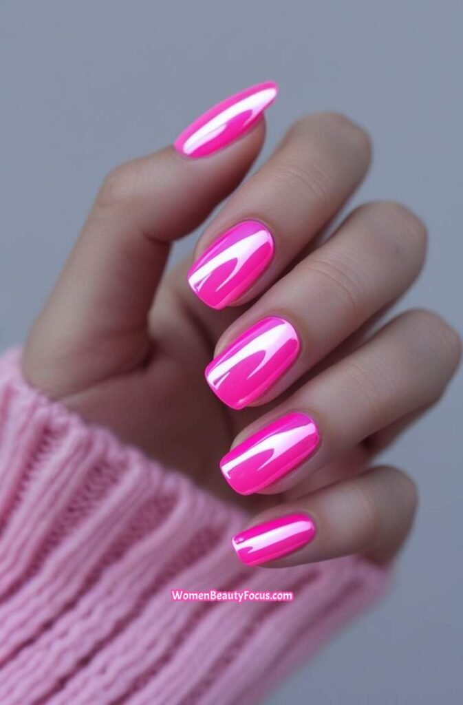7. Neon Pink Chrome Nails with a Bold Twist