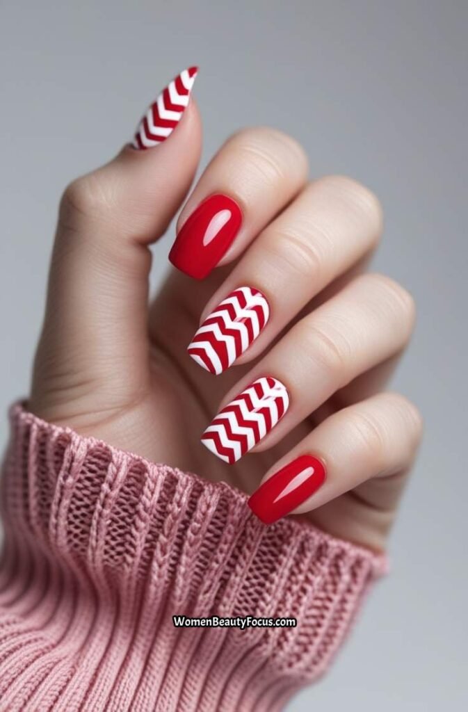 7. Red and White Chevron Nails