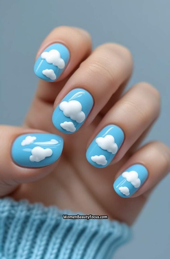 7. Sky Blue Nails with Cloud Art 1