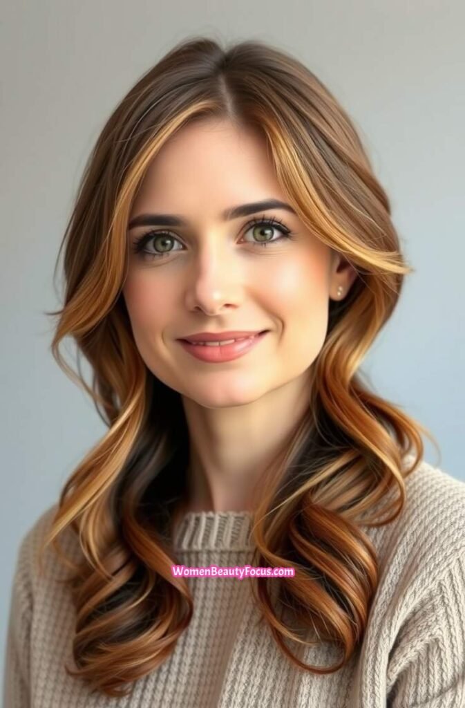 7. Warm Caramel Brown with Beachy Waves FrontStraight View